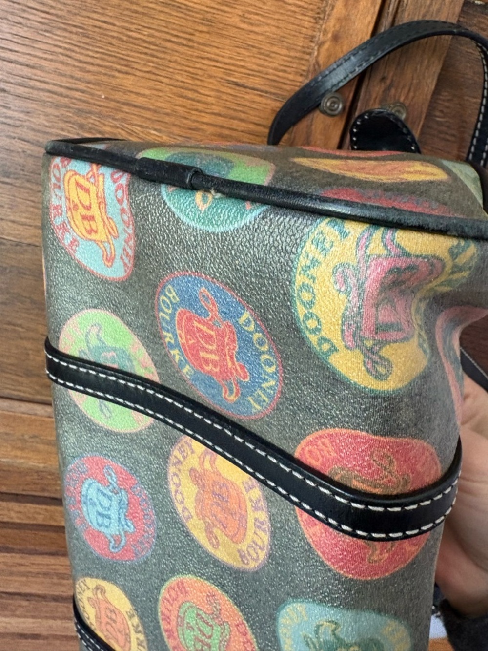 Dooney & Bourke Black/Multicolor Hearts/Letters Barrel Shoulder Bag Black Trim - Picture 9 of 13